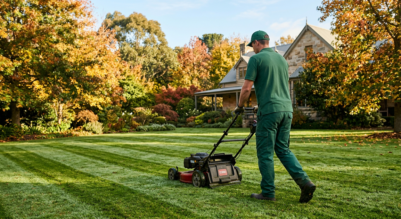 Gambeta gardener mowing a striped lawn in the Southern Highlands